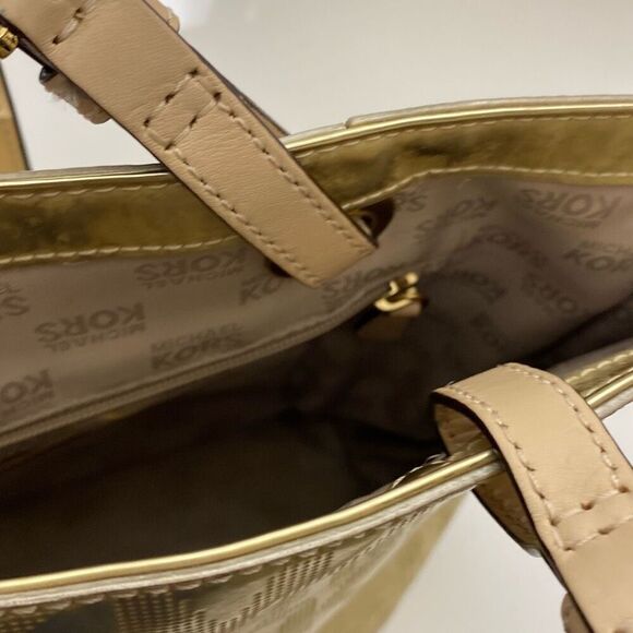 Michael Kors Women's Gold Monogram Logo Metallic Mirror Jet Set Tote Bag Medium - Picture 12 of 16